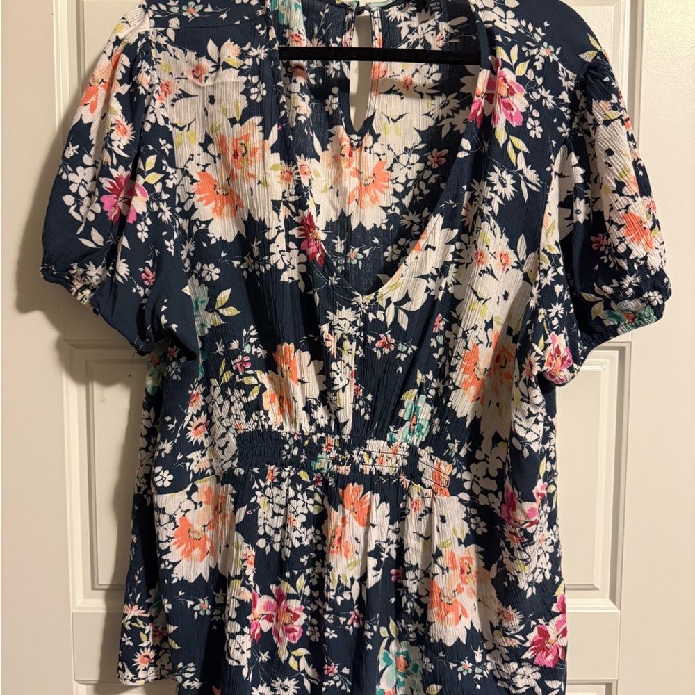 AUW Blue and Black Flutter Sleeve Floral Wrap Blouse